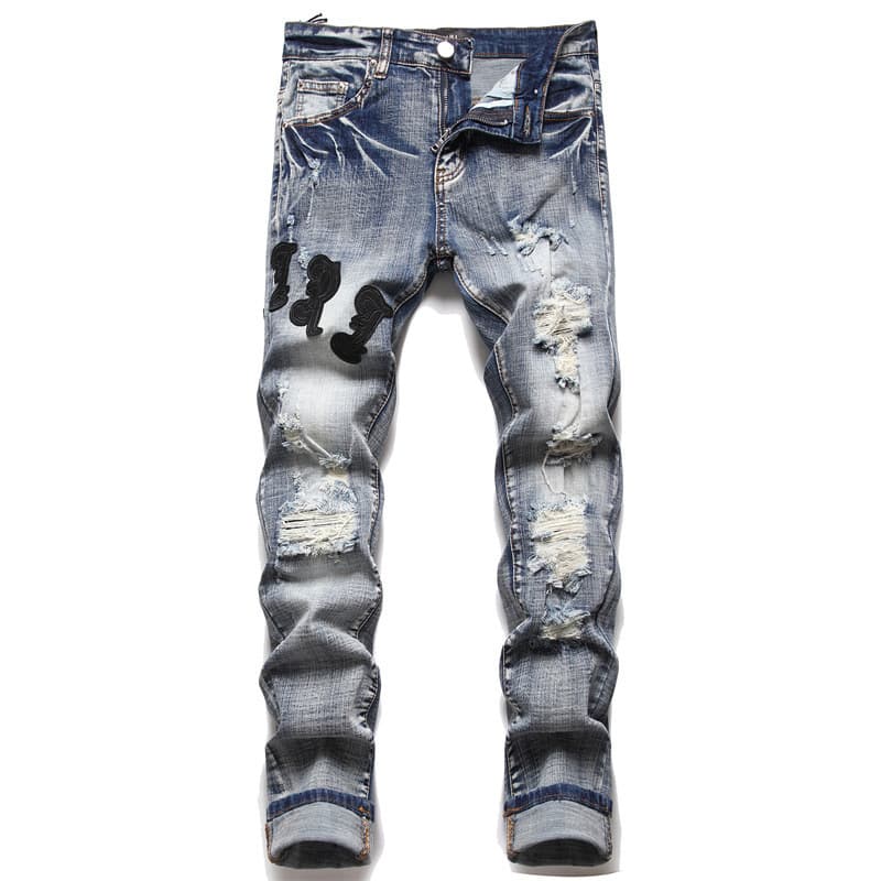 AM foreign trade style punk retro blue hole slim elastic printing dyeing skinny men's jeans - OopBuy Spreadsheet