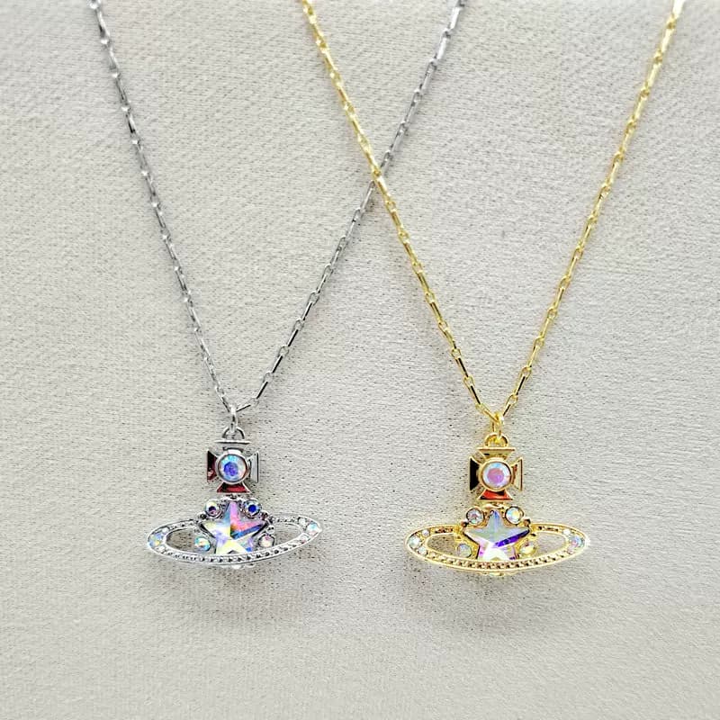 European and American Fashion Gold Five-pointed Star Glass Saturn Necklace