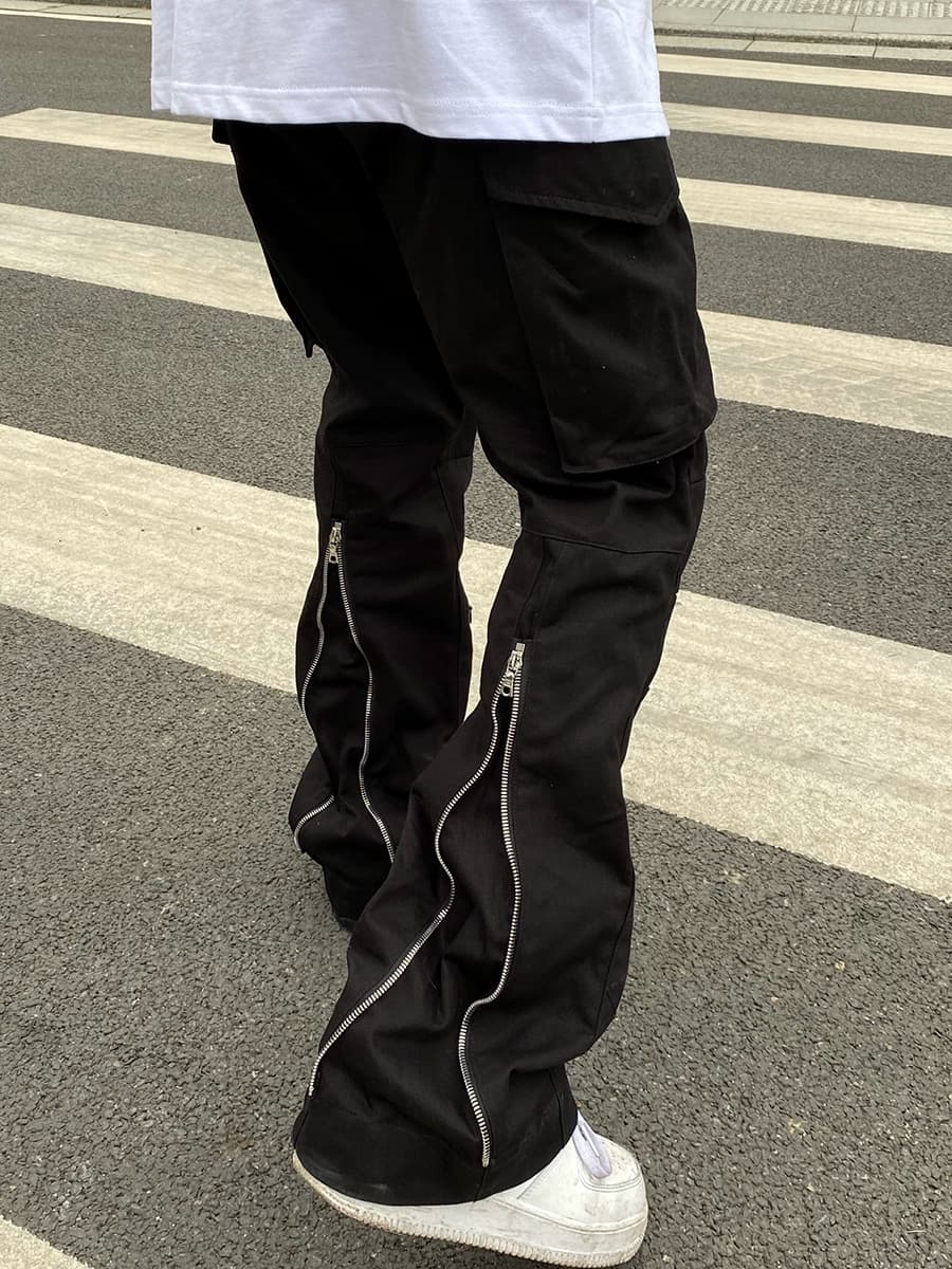 European and American high street vibe style pants black pocket zipper flared pants ins trendy straight overalls men's summer slightly elastic - OopBuy Spreadsheet