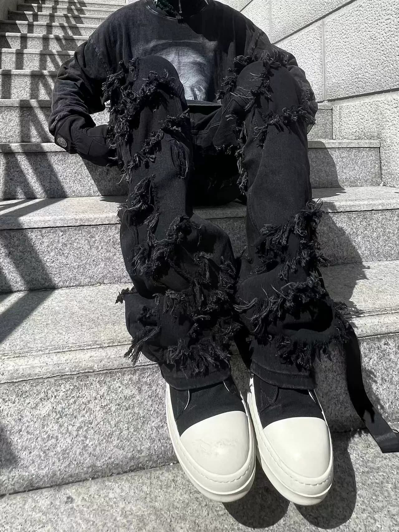 TRB Dark High Street RO Functional Wind Double-layer Knife Cut Damaged Micro-flared Trousers Erosion Ribbon Loose Jeans - OopBuy Spreadsheet