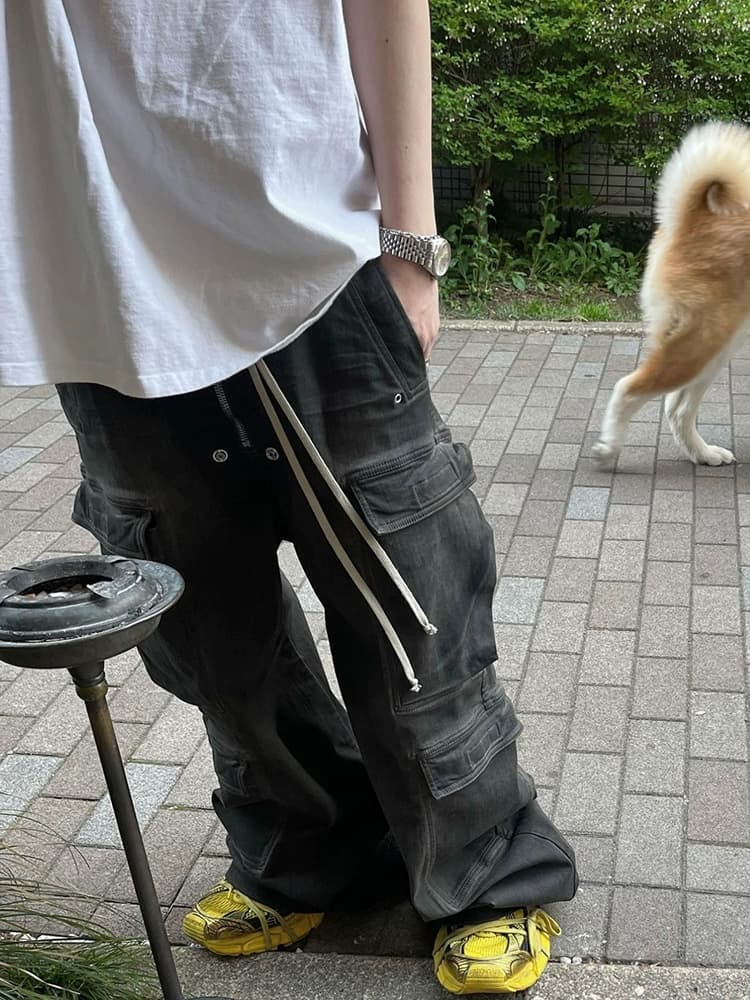 Ro acbt washed smoke gray gradient multi-pocket workwear straight casual drawstring wide-leg flared jeans men - OopBuy Spreadsheet