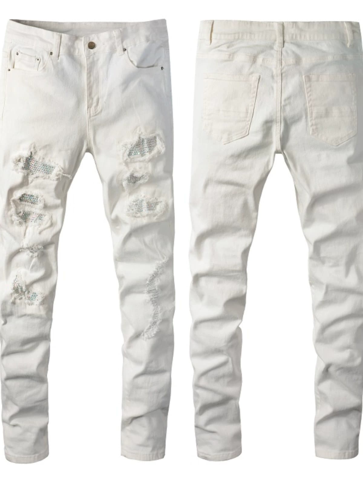 New European and American high street Internet celebrity brand hot diamond patch hole elastic slim fit white skinny jeans for men - OopBuy Spreadsheet