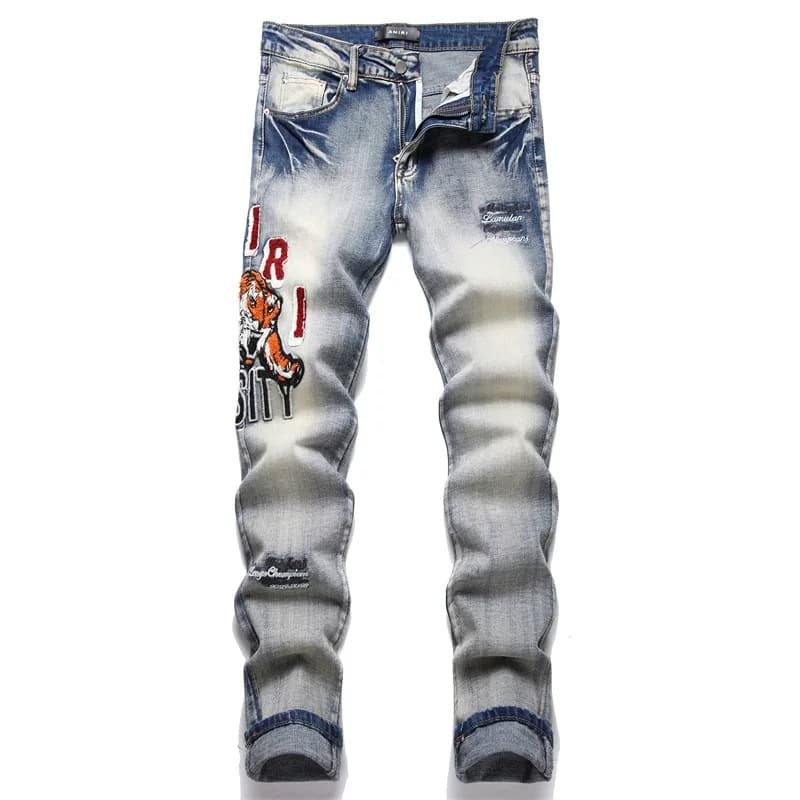 AM foreign trade men's autumn new punk men's jeans ripped casual trousers slim fit small waist men's trousers