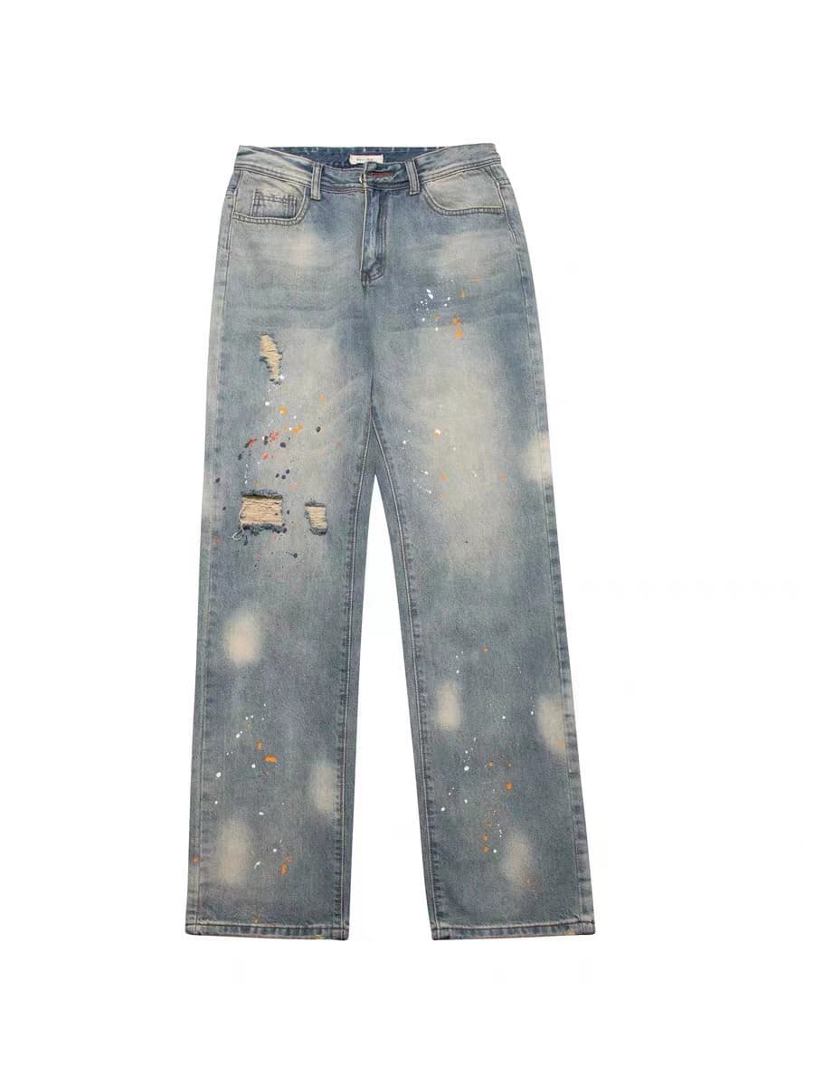 American street vibe style splash-ink washed distressed high street ripped jeans ins men and women loose straight trousers - OopBuy Spreadsheet