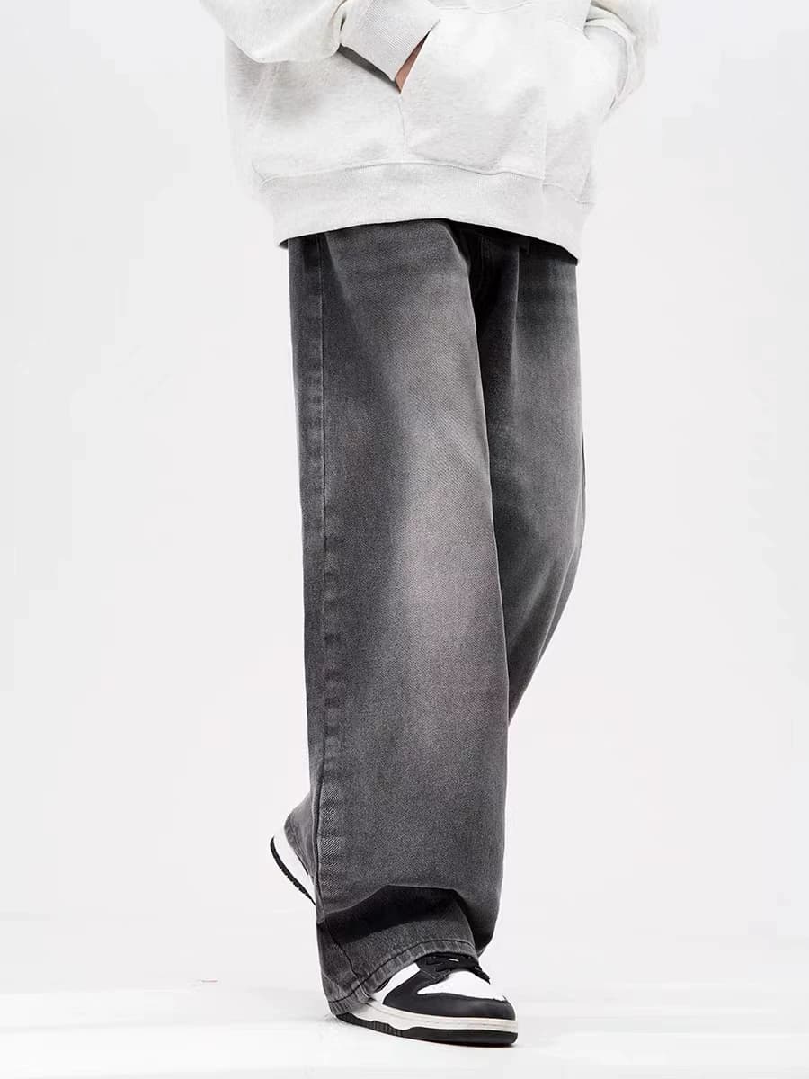 American high street retro smoky gray elastic waist jeans for men and women, loose straight wide-leg drape pants