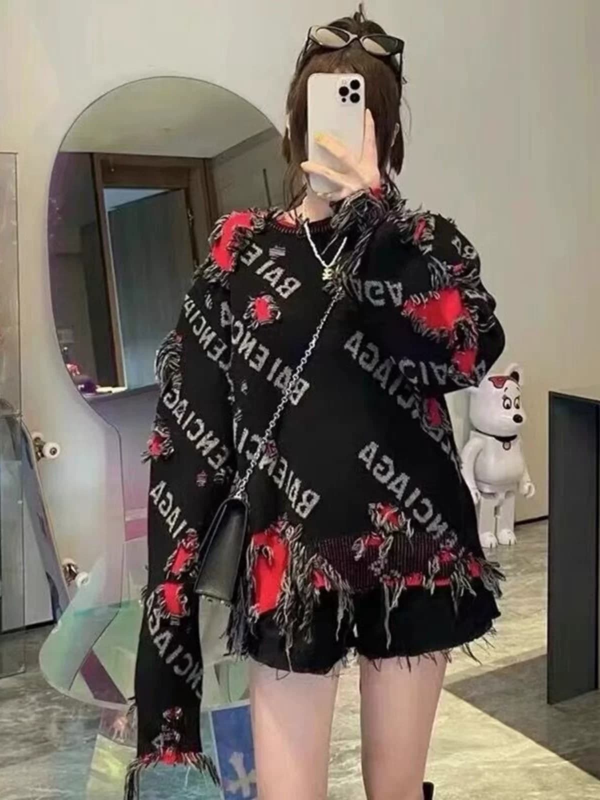Crazy Xiao Yangge same style old hole knitted trendy retro sweater lazy style pullover unisex sweater