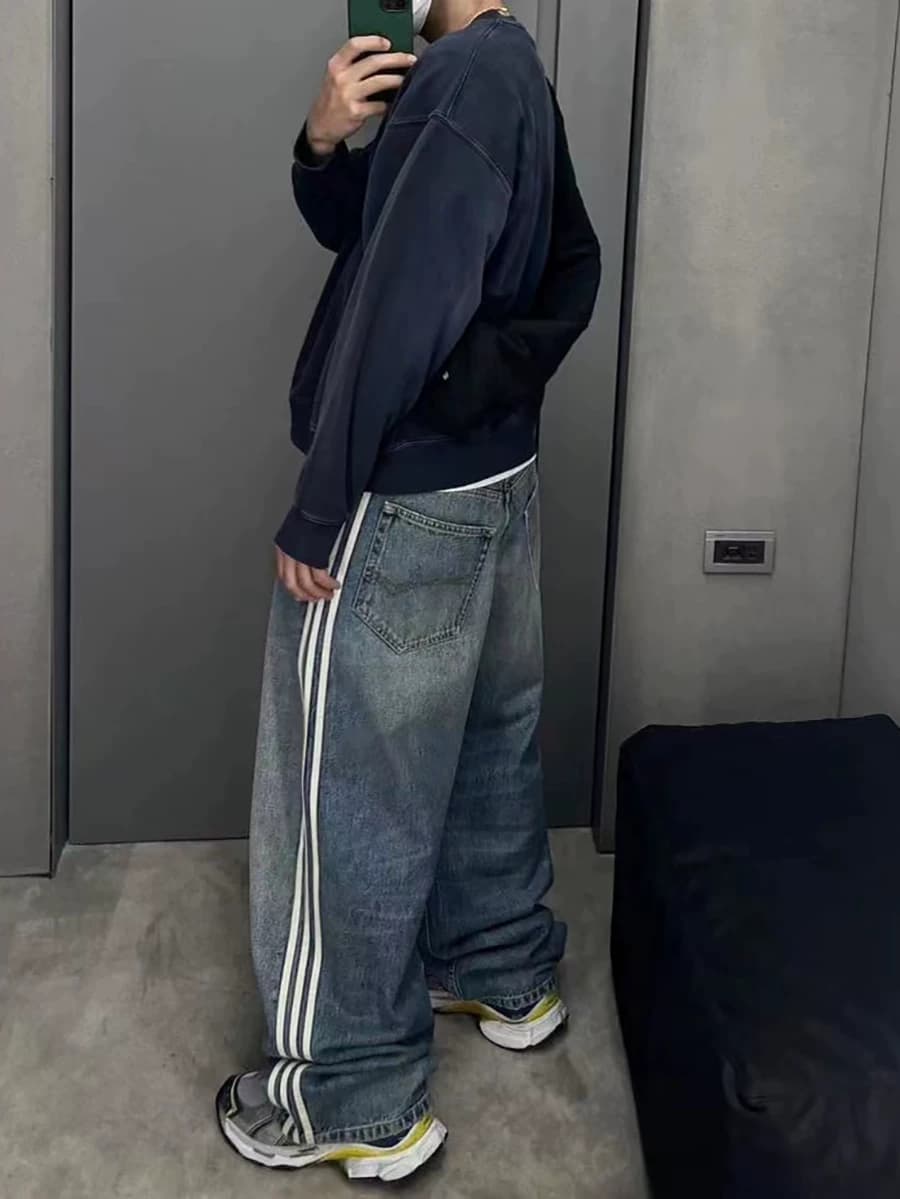 American-style 23ss washed striped wide-leg jeans men's three bars high street fashion brand loose straight all-matching wide-leg pants