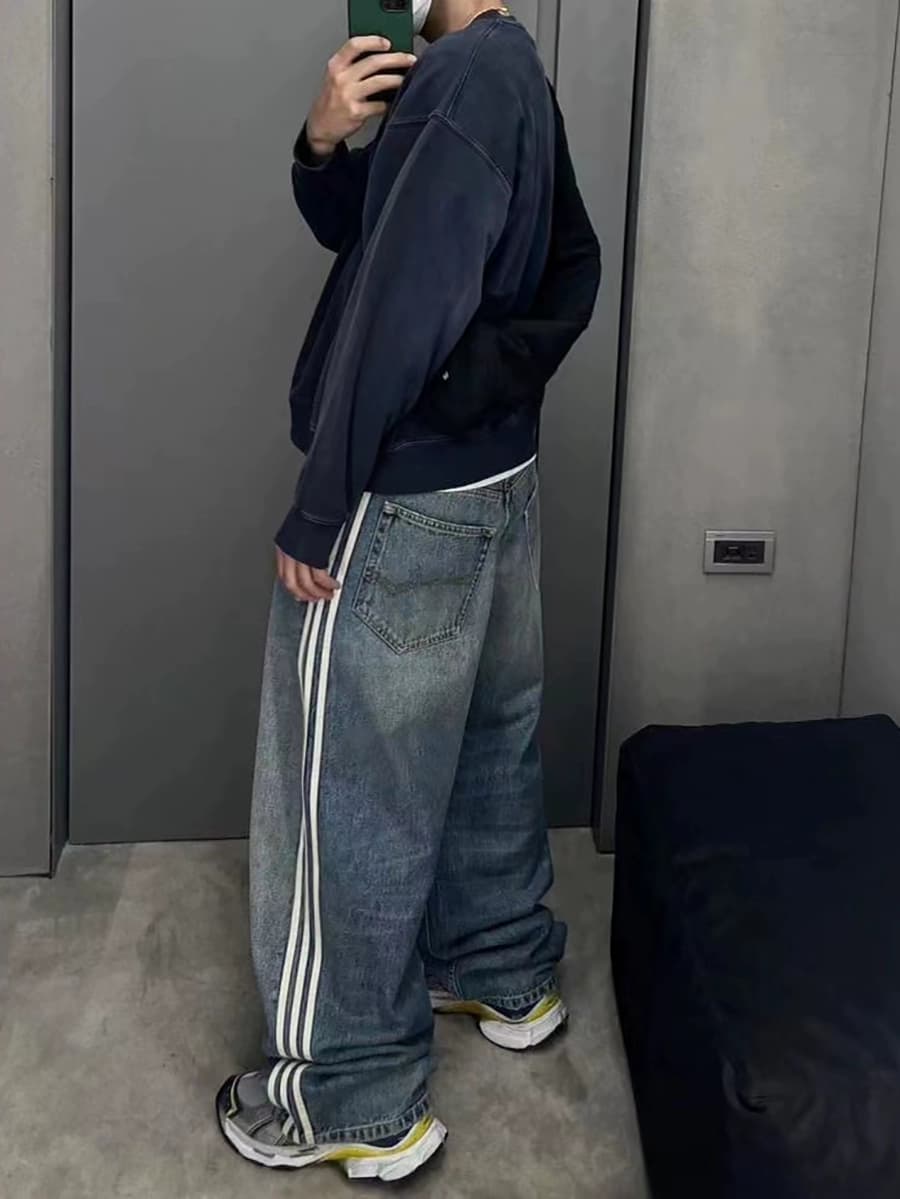 American-style 23ss washed striped wide-leg jeans men's three bars high street fashion brand loose straight all-matching wide-leg pants - OopBuy Spreadsheet