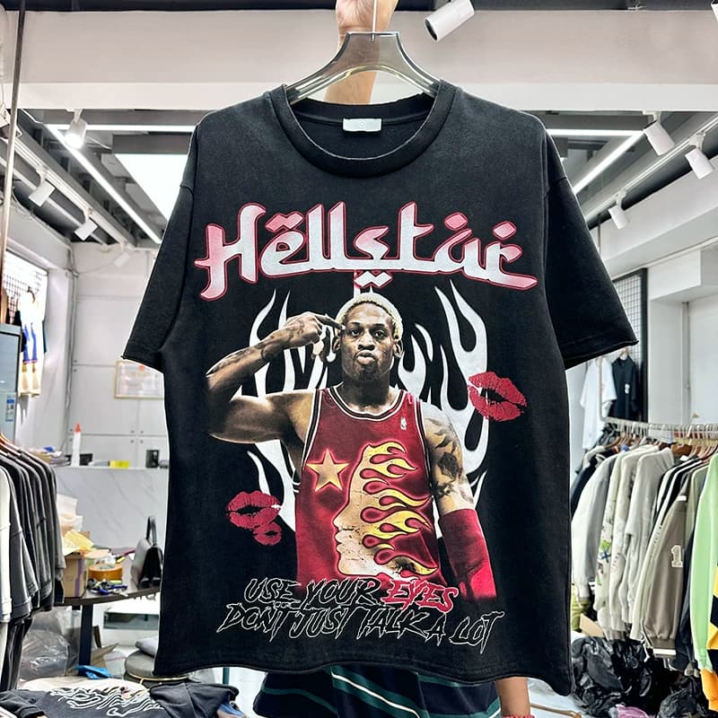 Heavy American Rodman print trendy T-shirt for summer men and women loose hip-hop retro distressed double collar short sleeves