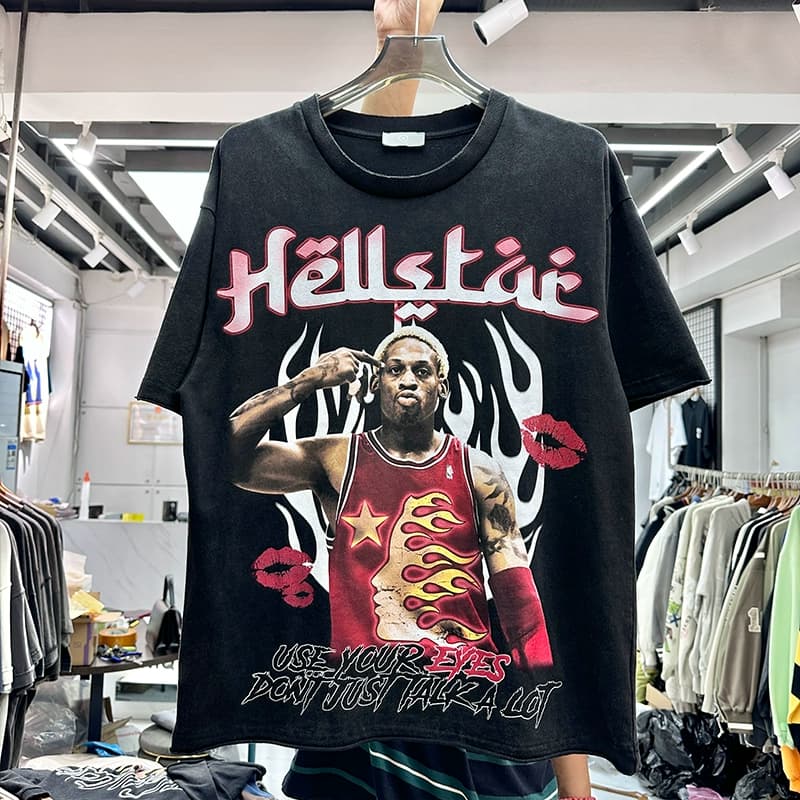 Heavy American Rodman print trendy T-shirt for summer men and women loose hip-hop retro distressed double collar short sleeves - OopBuy Spreadsheet