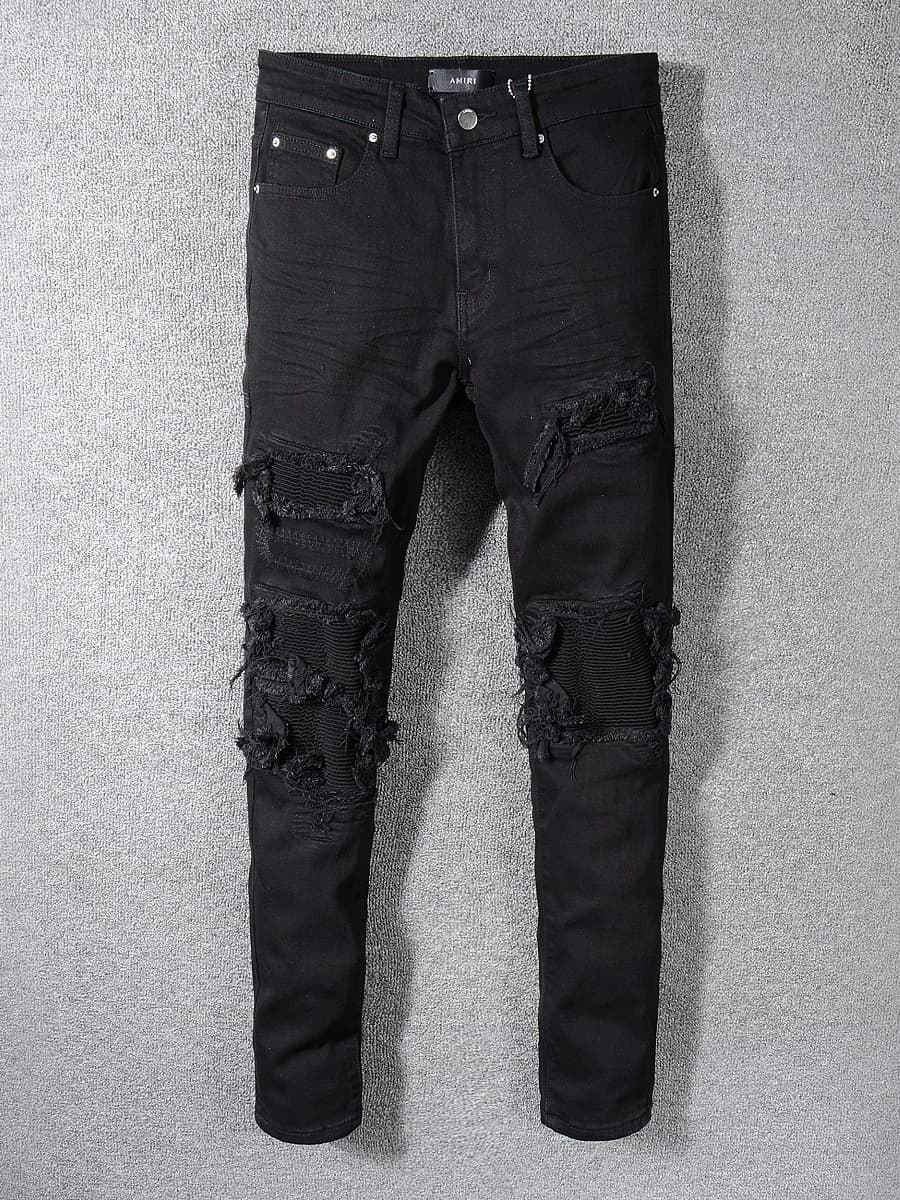 High street fashion brand AMR black jeans men's scratched holes patch beggar pants elastic slim fit skinny pants - OopBuy Spreadsheet