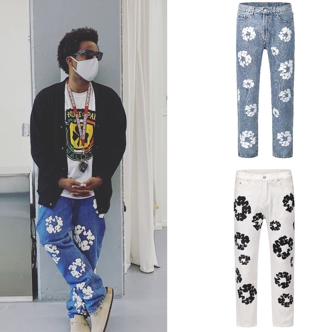 INS2024 European and American high street KANYE Kanye Kapok print straight loose jeans trendy washed trousers
