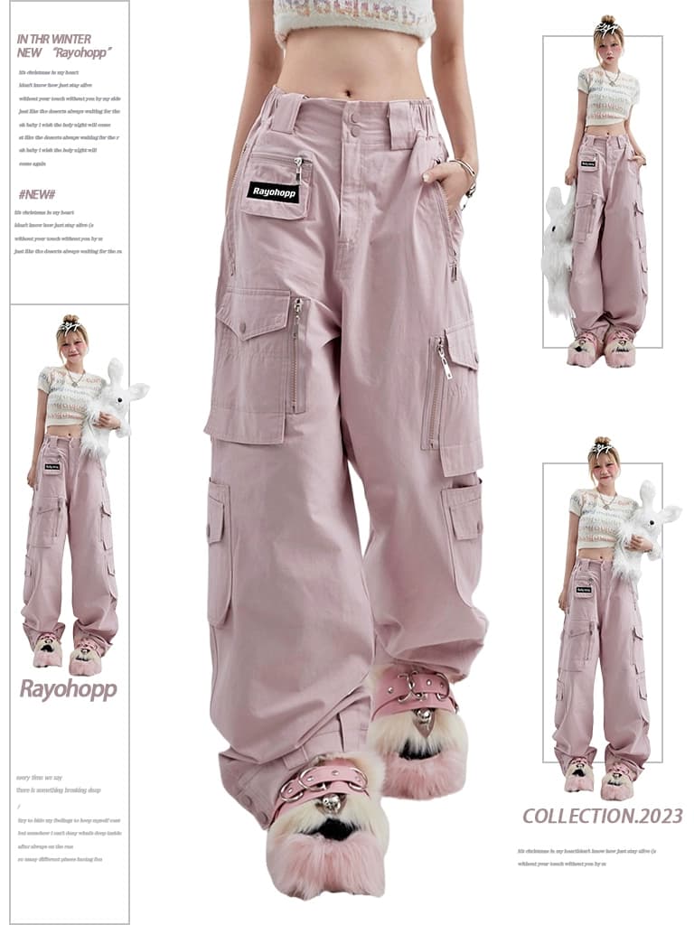 Rayohopp pink overalls women's summer dopamine wear dance trendy brand pocket decoration straight casual pants - OopBuy Spreadsheet