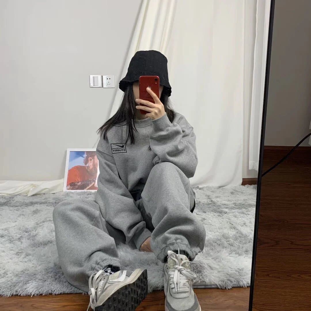 N1ke NRG BG NK joint spring and summer fleece high street gray hook loose casual pullover sweatshirt sports leggings sweatpants suit new US version round neck sweatshirt letter embroidery black and gray Zhou Yutong Liu Yuxin closed sweatpants bat sleeve top os 2.0 - OopBuy Spreadsheet