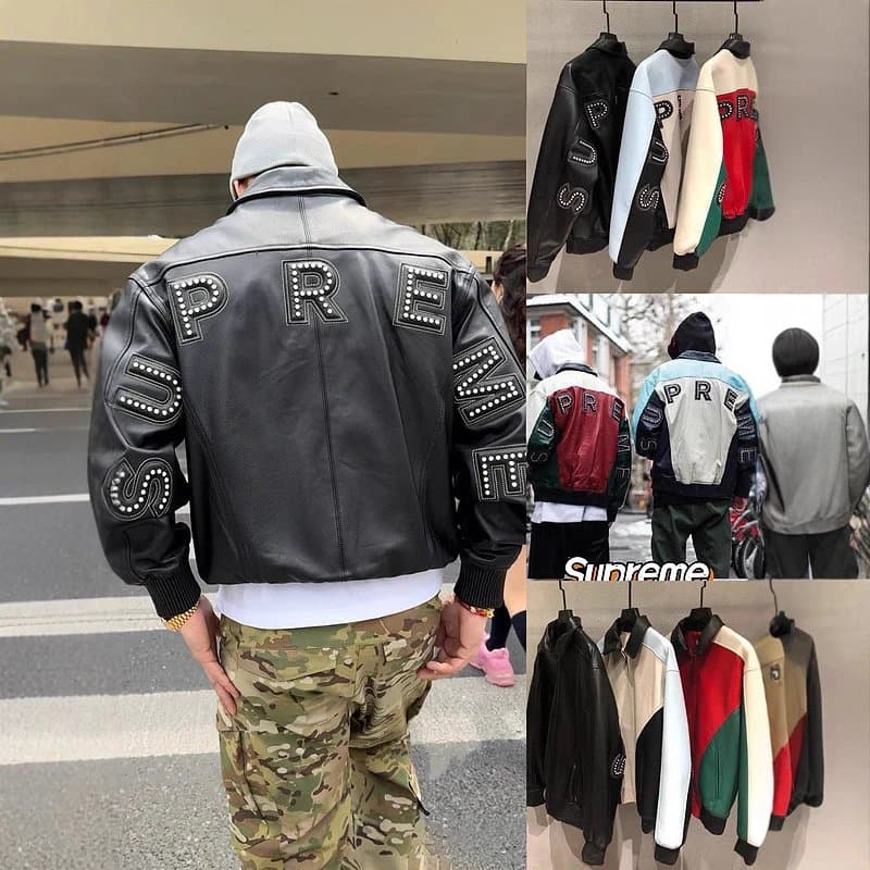 Supreme Rivet Heavy Crafted Embroidered Leather Jacket with Cotton Clip Retro Splicing Motorcycle Ja 98