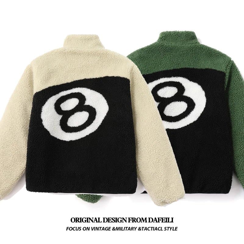 Double sided wear retro American high street black eight black 8 billiards flocked lambskin fleece z 80