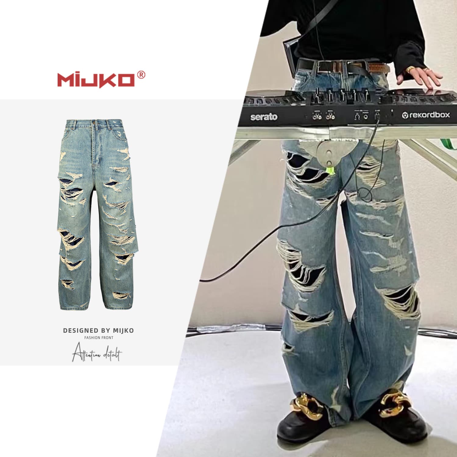 MIJKO men's and women's double-layer tassels destroyed beggar style men's and women's destroyed ripped jeans handsome