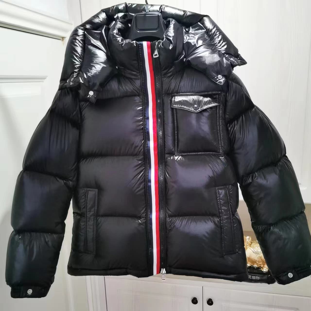 M Mengjia down jacket men's couple style red striped double zipper hooded jacket for men and women