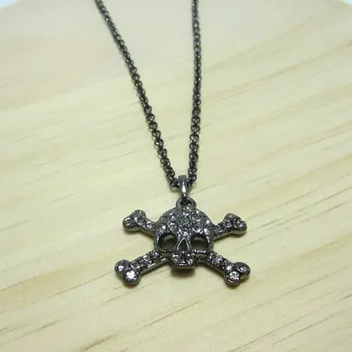 Titanium black full diamond small skull double bone Saturn necklace-B8103