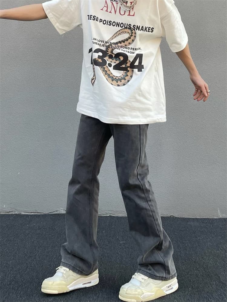 American retro washed gray straight slim jeans men's trend vibe style high street slim flared pants ins
