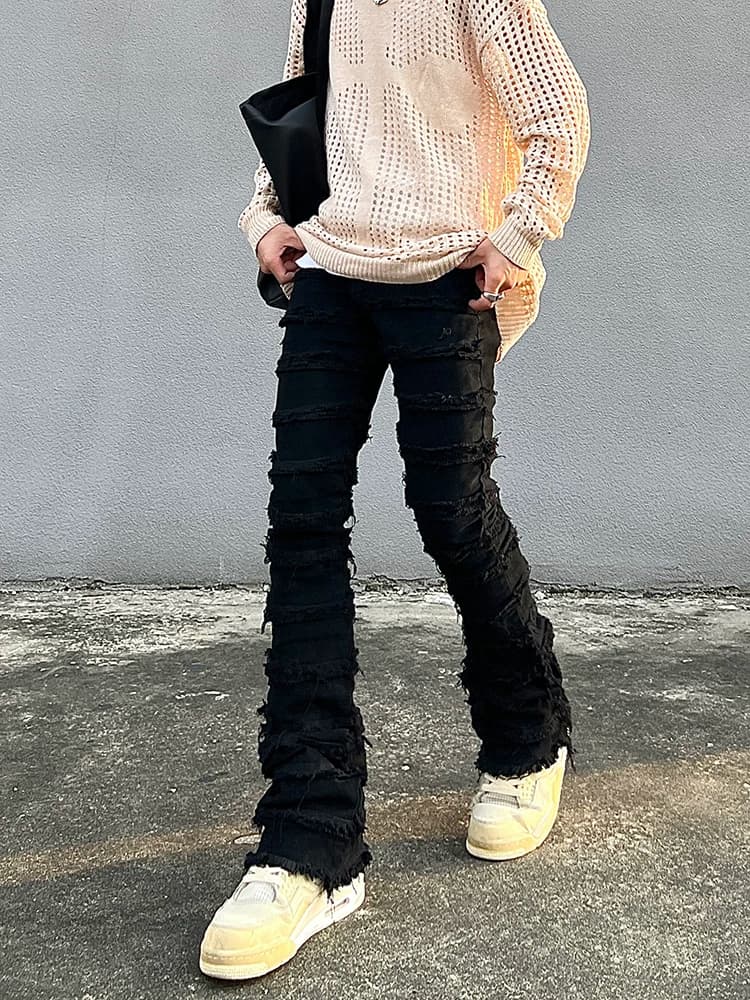 Erosion damaged raw edge vintage jeans men ins trendy brand American high street straight slim flared trousers