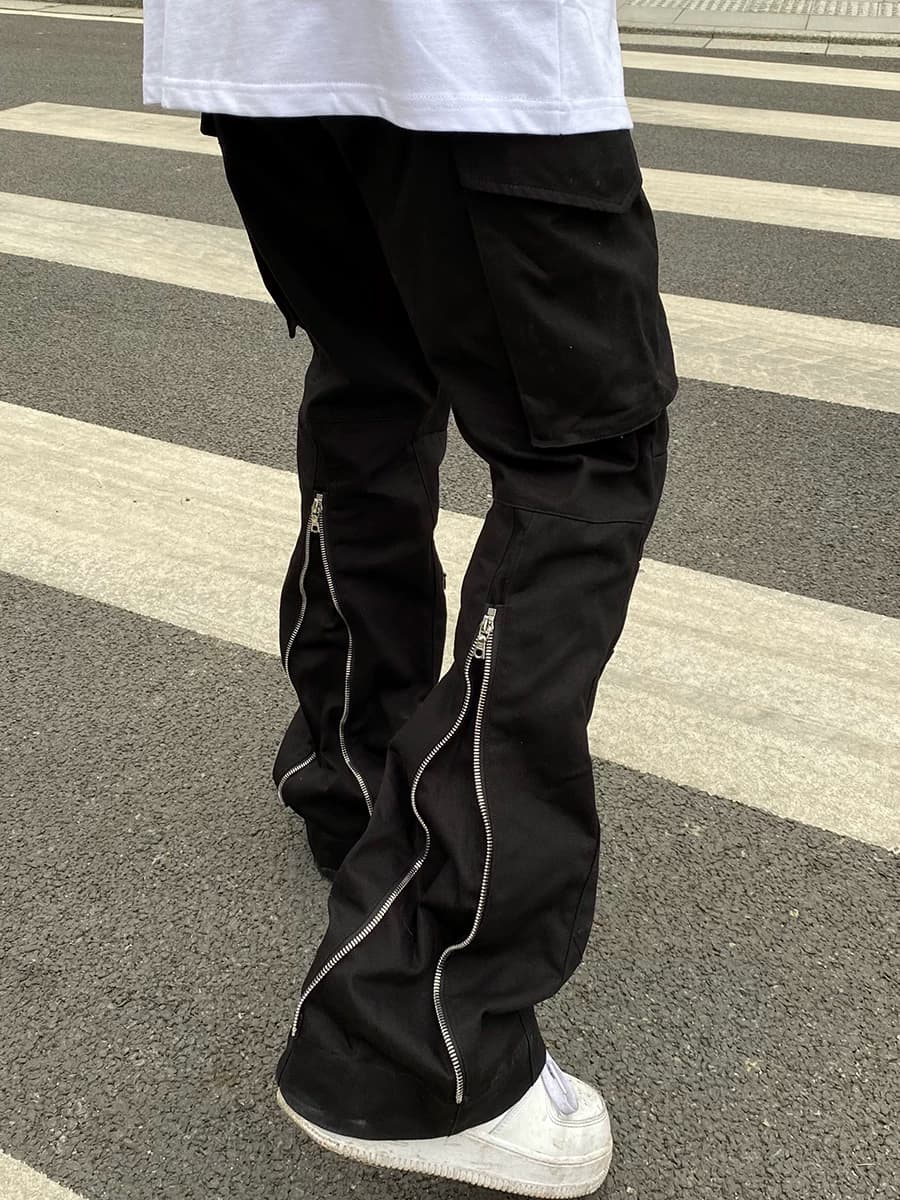 European and American high street vibe style pants black pocket zipper flared pants ins trendy straight overalls men's summer slightly elastic