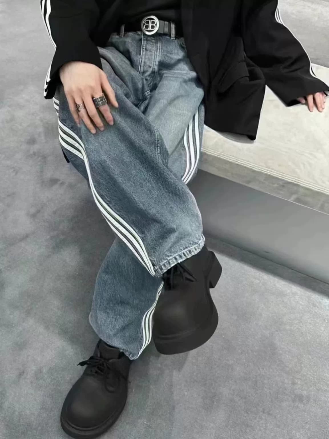 BLCG 23ss new joint AD large baggy three-bar washed show straight-leg jeans