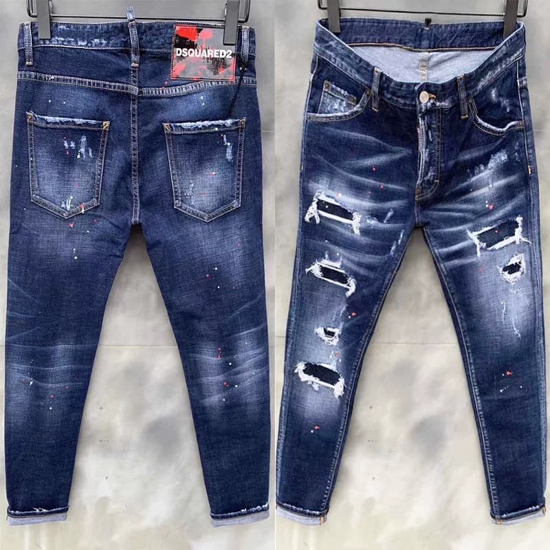 Autumn and winter New broken paint men's slim fit hole patch stretch D2 Jeans skinny pants