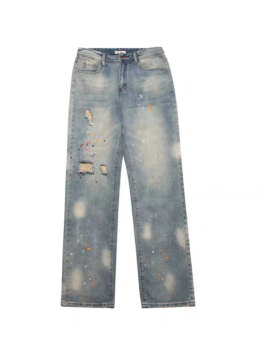 American street vibe style splash-ink washed distressed high street ripped jeans ins men and women loose straight trousers