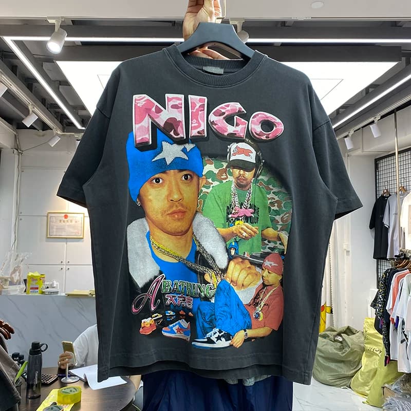 European and American hip-hop rap character printing loose oversize washed old retro short-sleeved men and women couple T-shirt