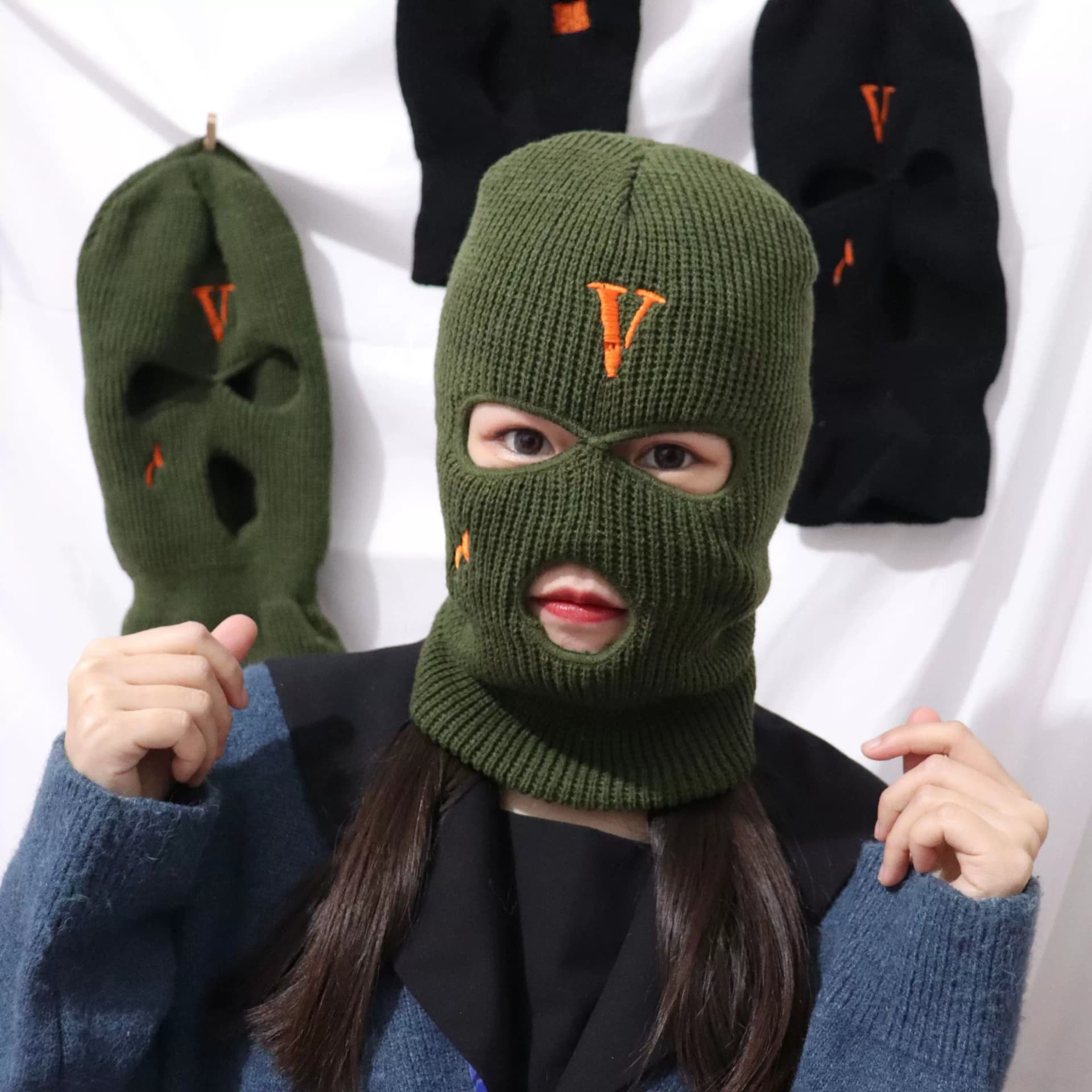 Hip-hop V personality embroidered teardrop three-hole hat winter warm knitted head hat men and women outdoor cycling cold-proof mask