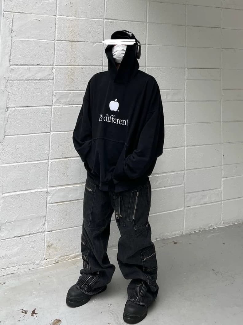 Be different apple embroidery washed distressed loose silhouette hooded sweatshirt show style fake two-piece hoodie