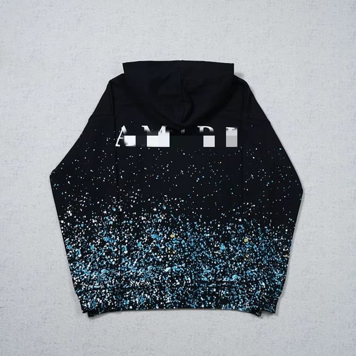 AI sweatshirt hoodie with white logo on the chest and splashed ink on the hem