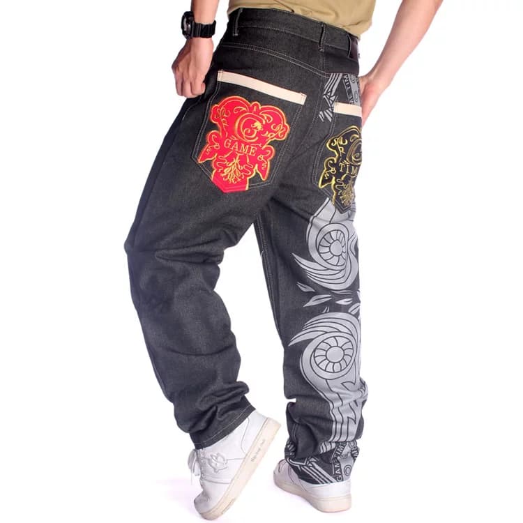 European and American trendy brand hip-hop HIPHOP street dance denim trousers trendy men's graffiti embroidery loose casual skateboard pants