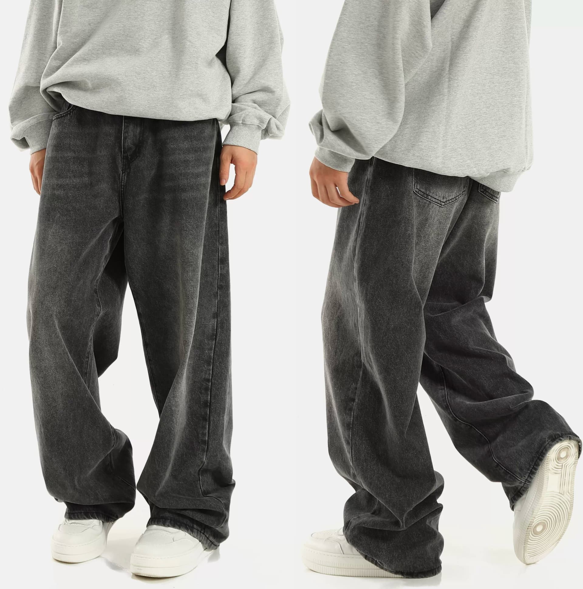American retro smoky gray elastic waist jeans for men and women, loose straight wide-leg drape pants, trendy brand