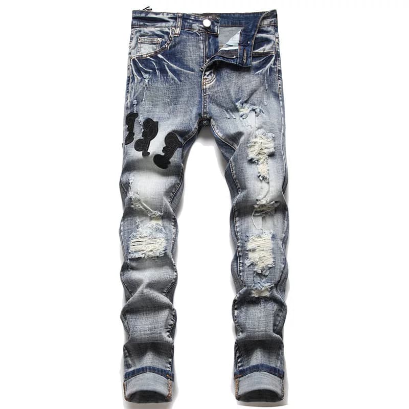 AM foreign trade men's jeans with holes embroidered five-pointed star trend elastic slim fit pants high-end casual men's pants
