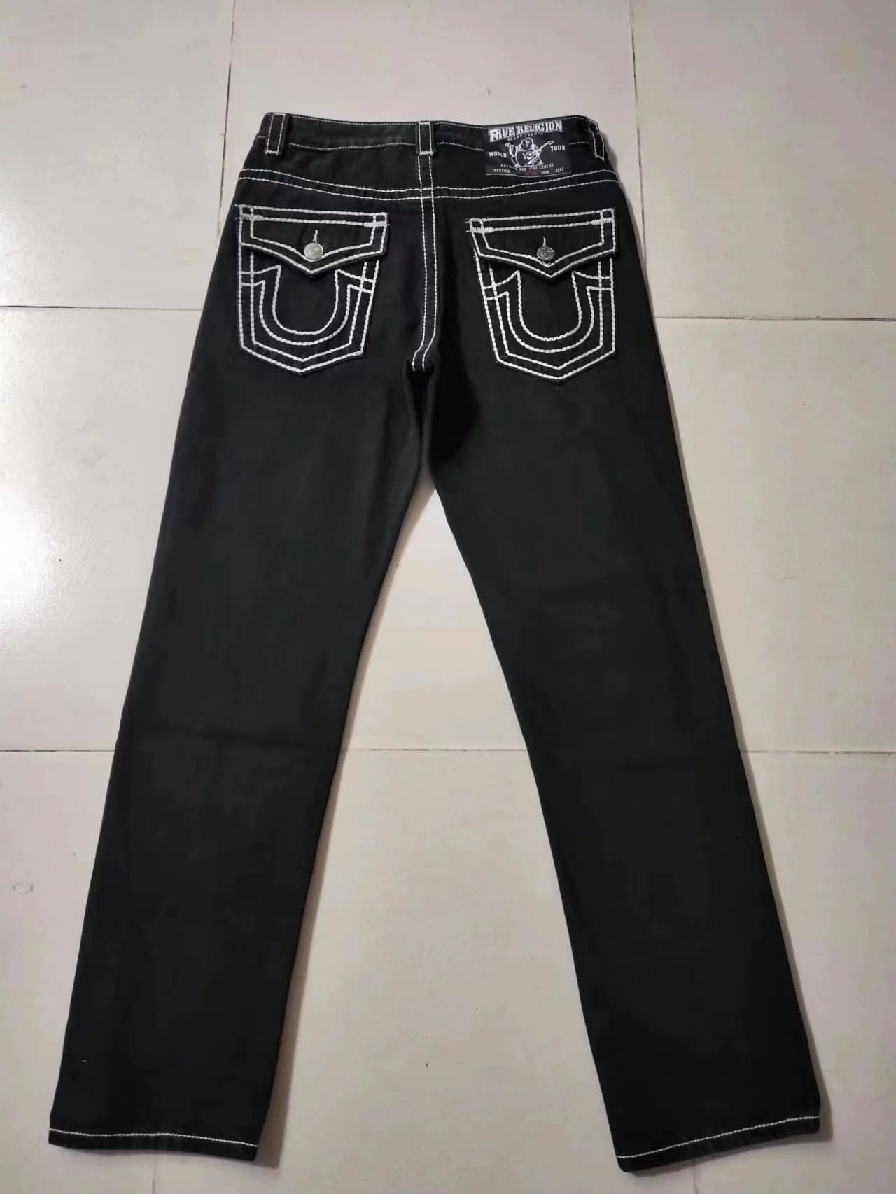 American trendy brand religious belief jeans men's Buddha large size white thick line loose straight Maitreya Buddha casual trousers
