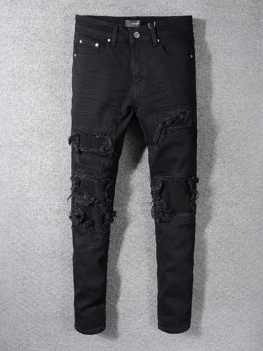 High street fashion brand AMR black jeans men's scratched holes patch beggar pants elastic slim fit skinny pants