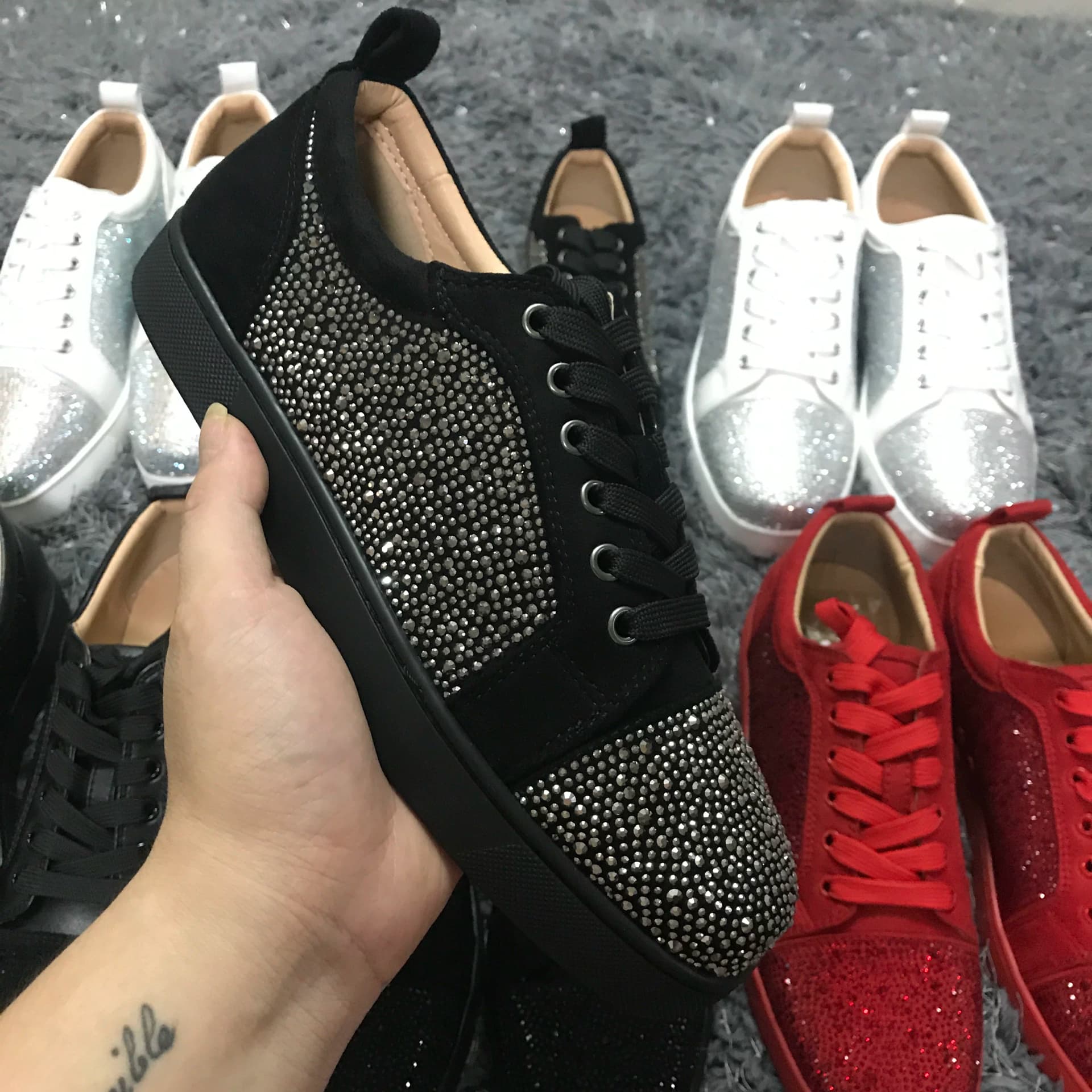 Primavera y otoño CL zapatos de hombre bajos de diamantes de imitación de cuero con cordones par cl de fondo rojo zapatos de skate de mujer