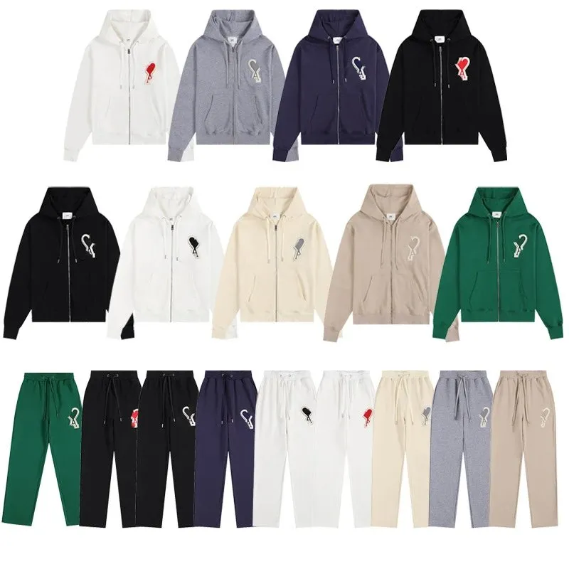 秋冬ami卫衣卫裤刺绣大爱心口袋拉链连帽衫男女休闲套装宽松外套 (34) - Image 1