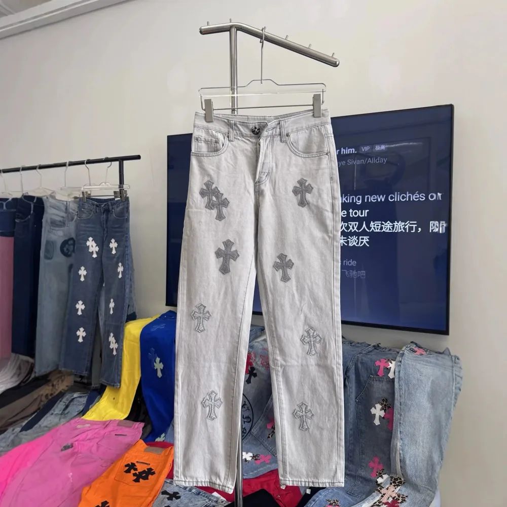 Chrome Hearts-Style Cross Patch Jeans - Image 1